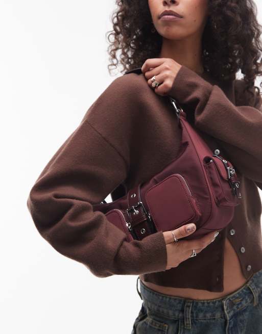 Bolso de hombro burdeos con bolsillo de nailon Sunrise de Topshop, 3 de 4