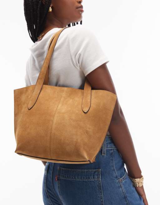 Bolso de hombro color caramelo con bolsillo interior de cuero de Mango