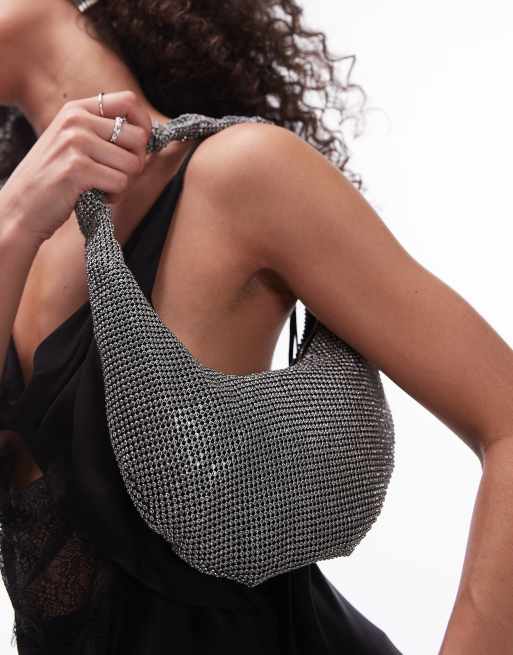 Bolso de hombro color peltre con diseño integral de strass y asa fruncida Solane de Topshop