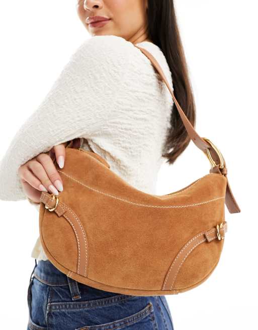 Bolso de hombro color tostado de ante con detalle de hebillas y dos correas de ASOS DESIGN