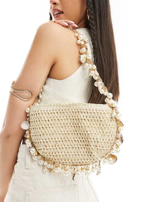 Bolso de hombro de croché con adornos de perlas y conchas de South Beach 
