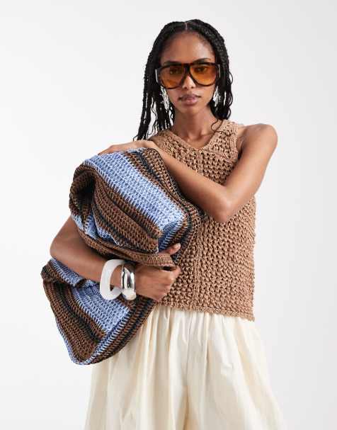 Bolso de hombro extragrande a rayas marrones y azules con diseño entretejido de South Beach - view 1