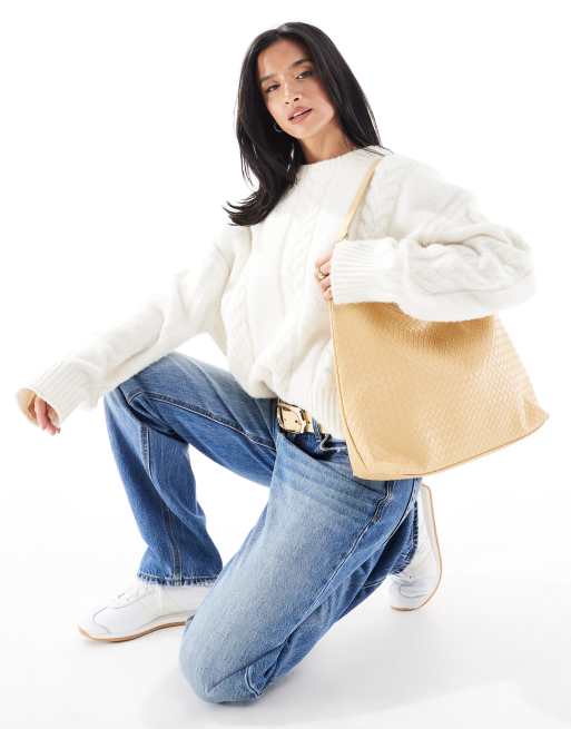 Bolso de hombro grande amarillo pastel con diseño entretejido de Glamorous , 3 de 4