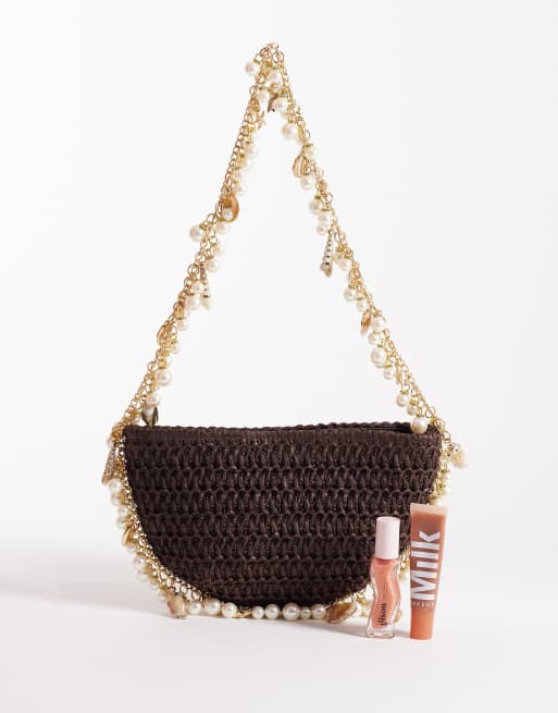 Bolso de hombro marrón chocolate con adornos de conchas y cuentas de South Beach , 2 de 4