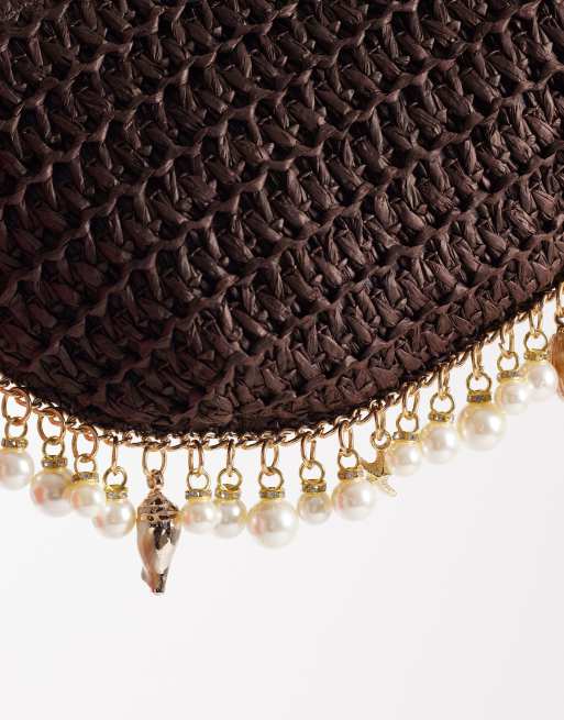 Bolso de hombro marrón chocolate con adornos de conchas y cuentas de South Beach , 3 de 4