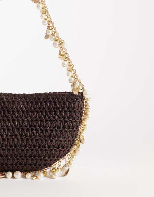 Bolso de hombro marrón chocolate con adornos de conchas y cuentas de South Beach , 4 de 4
