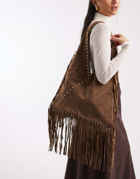 Bolso de hombro marrón de antelina con detalle de flecos de ONLY - view 1