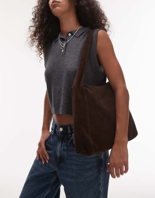 Bolso de hombro marrón oscuro cuadrado de ante de Mango