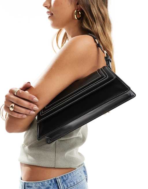 Bolso de hombro negro con diseño alargado estructurado y pespuntes en contraste de ASOS DESIGN