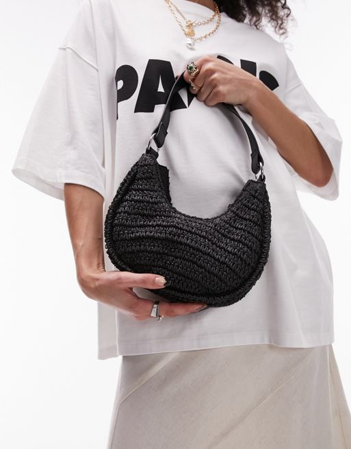 Bolso de hombro negro con diseño redondeado y asa en contraste de paja Sacha de Topshop