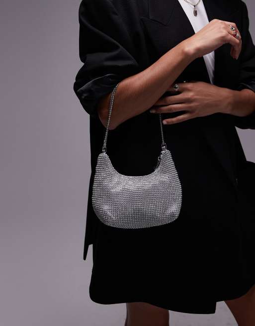 Bolso de hombro plateado con diseño estilo cota de malla de Mango