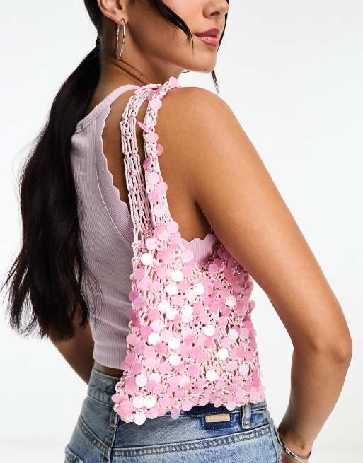 Bolso de hombro rosa de croché con lentejuelas de Mango