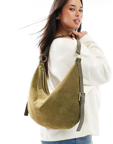 Bolso de hombro verde bosque redondeado de ante de ASOS DESIGN - view 1