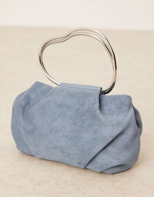 Bolso de mano azul empolvado de antelina con asa irregular de