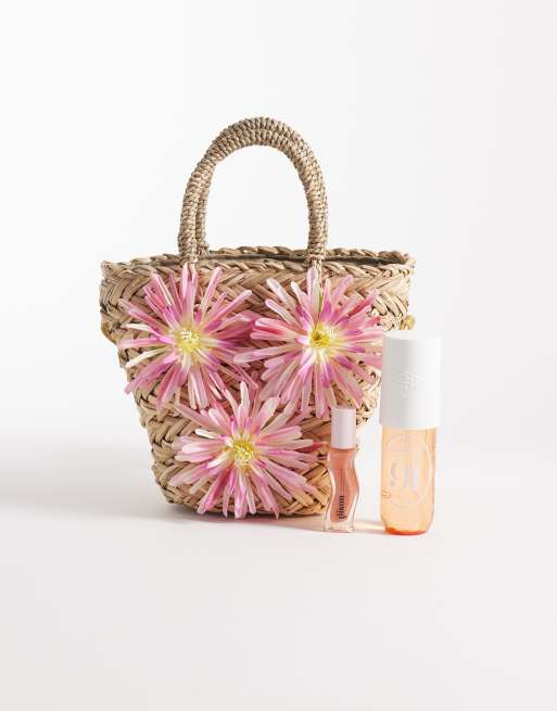 Bolso de mano beis de paja con adornos florales de South Beach , 2 de 3