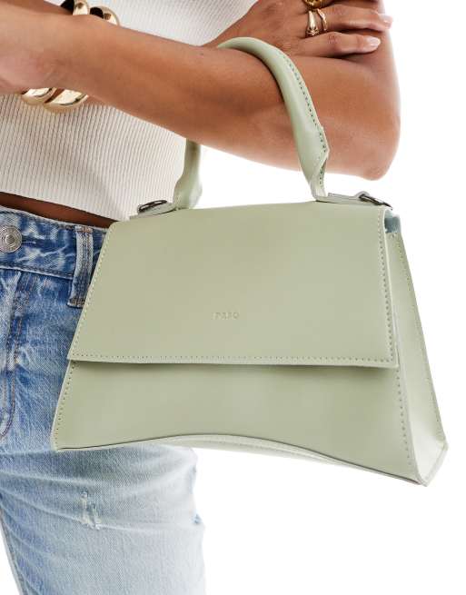 Bolso de mano pequeño verde lima crema con base redondeada y correa bandolera de PASQ, 2 de 4