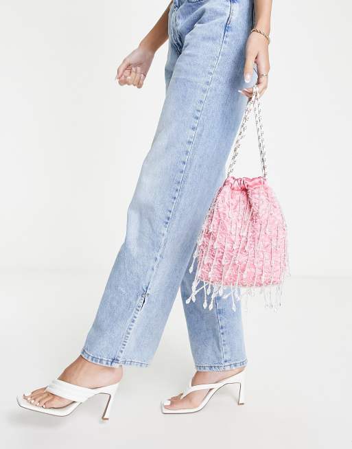 Bolso de mano rosa vegano de satén con cordón ajustable y cuentas de Hvisk, 3 de 4