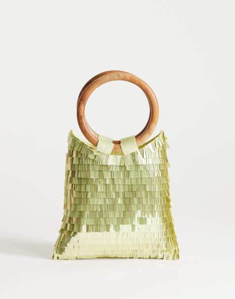 Bolso de mano verde lima de lentejuelas con asa de madera Holly de Topshop - view 1