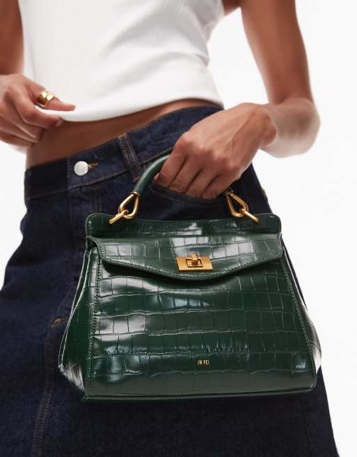 Bolso de mano verde oscuro efecto piel de cocodrilo clásico con