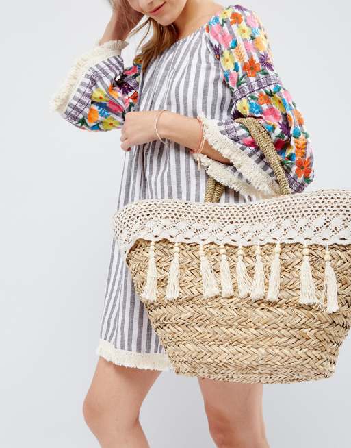 Bolso de mimbre y croché en crema con borla de South Beach, 3 de 4