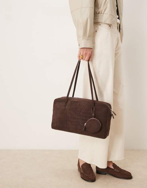 Bolso marrón chocolate estilo bolera de 100% ante efecto piel de