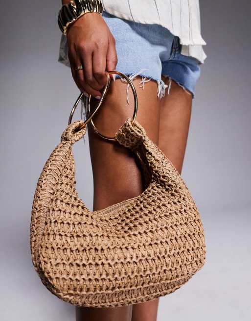 Bolso pequeño de paja con asa dorada de South Beach , 3 de 4