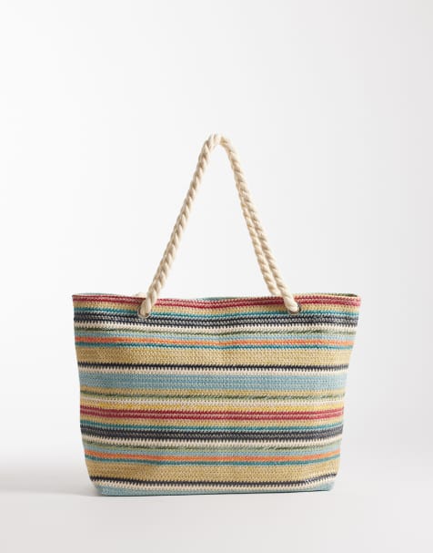 Bolso playero a rayas de colores de paja entretejida con asa de cuerda exclusivo de Kaiia - view 1