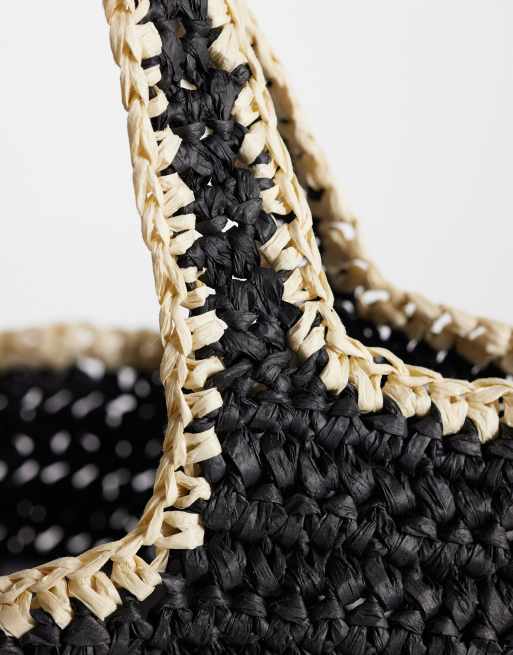 Bolso playero negro con ribetes beis de paja tejida de Pieces, 3 de 4
