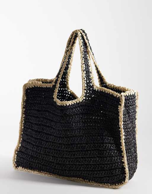 Bolso playero negro con ribetes beis de paja tejida de Pieces, 4 de 4