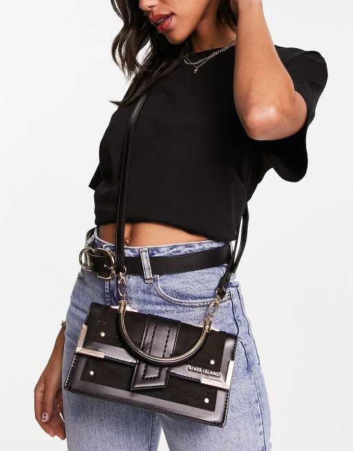 River Island quilted cross body bag with chain strap in black