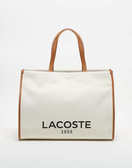Bolso shopper color crema y marrón estampado de Lacoste