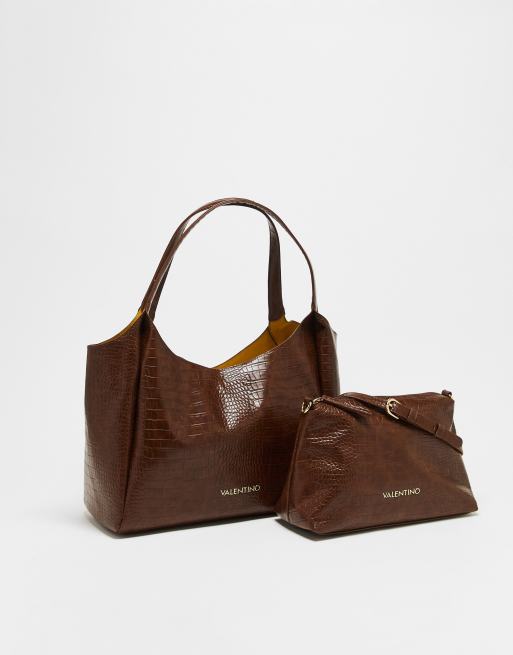 Bolso shopper marrón tipo tote con diseño efecto piel de cocodrilo y bolso en el interior Wool de Valentino