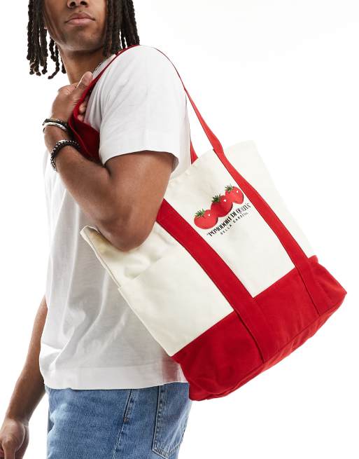 Bolso shopper rojo y color crudo con estampado de tomates de lona de ASOS DESIGN, 2 de 4