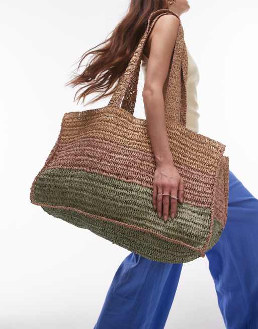 Bolso tote a rayas caquis de paja Tatum de Topshop