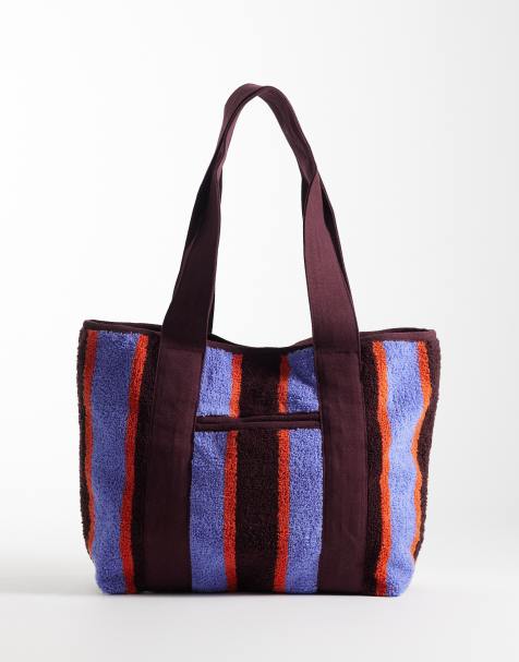 Bolso tote a rayas moradas y marrones de tejido de rizo de ASOS DESIGN - view 1