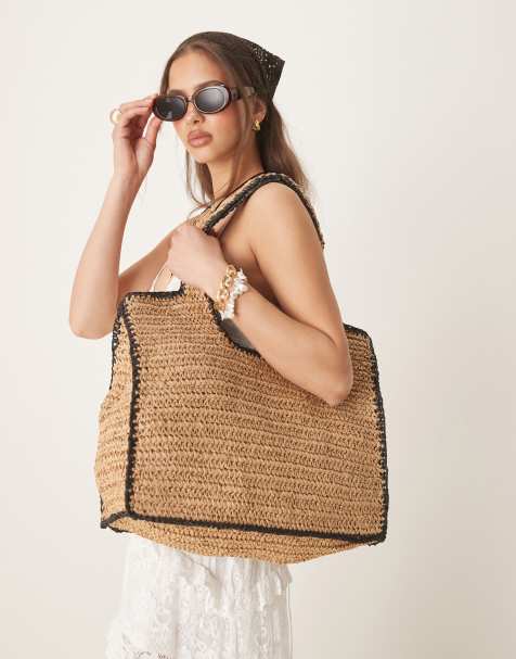 Bolso tote beis extragrande con ribetes en contraste de croché de paja de ASOS DESIGN - view 1