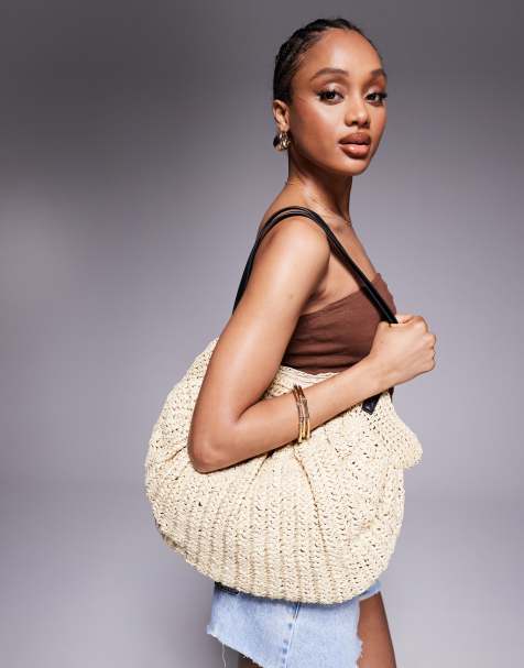 Bolso tote beis holgado de paja con asas de poliuretano con hebilla de South Beach - view 1