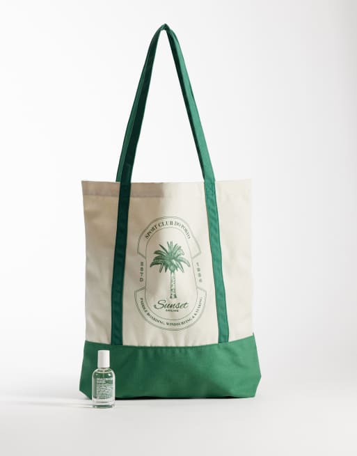 Bolso tote beis y verde con estampado de palmeras de lona de Jack & Jones, 2 de 4