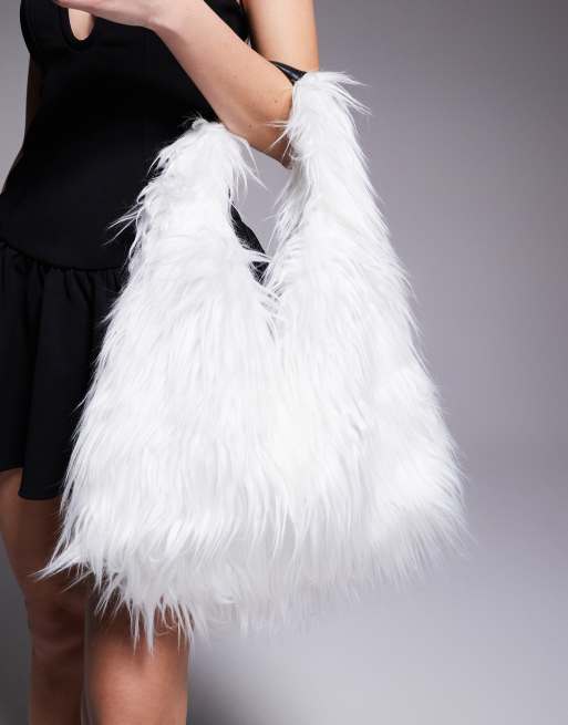 Bolso tote blanco extragrande de piel sintética de pelo largo exclusivo de Kaiia, 2 de 4