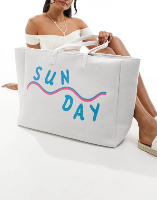 Bolso tote blanco hueso con estampado "Sunday" de lona de South Beach , 2 de 4