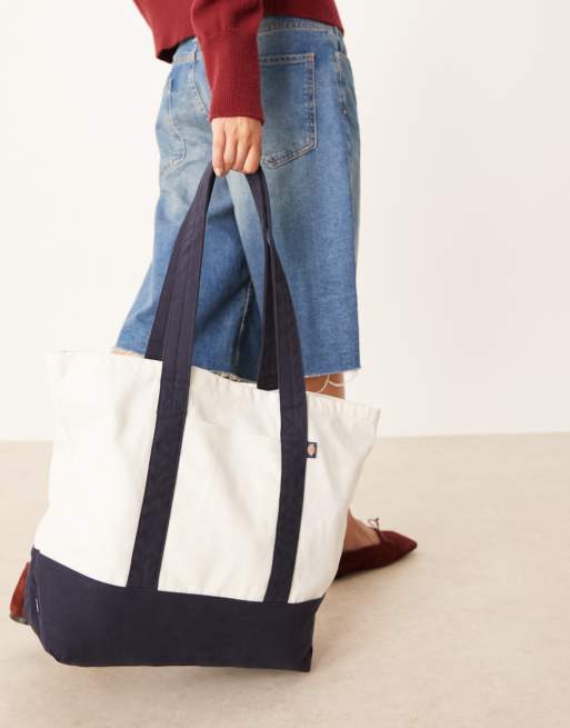 Bolso tote blanco hueso y azul marino con logo de lona de Dickies, 4 de 4