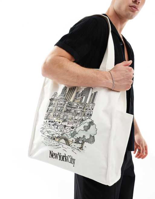 Bolso tote color crema estilo preppy con estampado dibujado de ciudad de lona de Abercrombie & Fitch