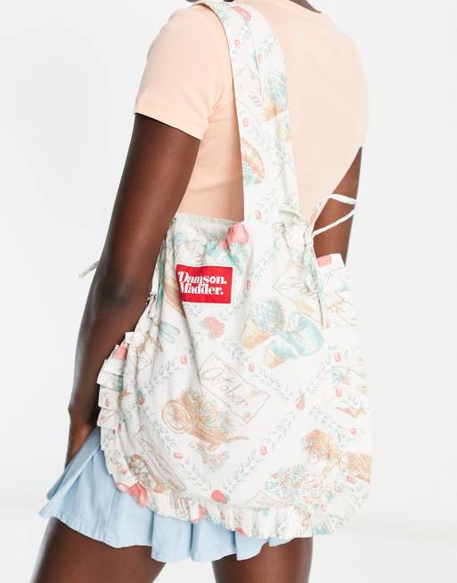 Bolso tote con estampado vintage y borde de volantes de algodón de Damson Madder