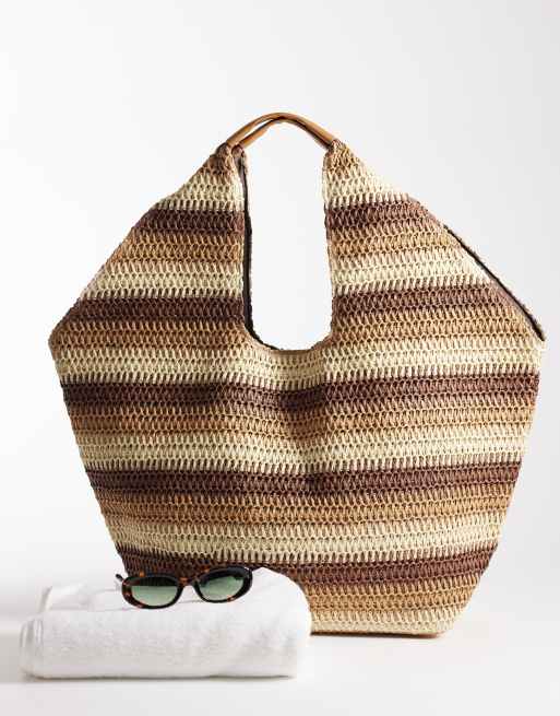 Bolso tote de hombro a rayas beis extragrande con diseño efecto paisaje de South Beach, 2 de 4