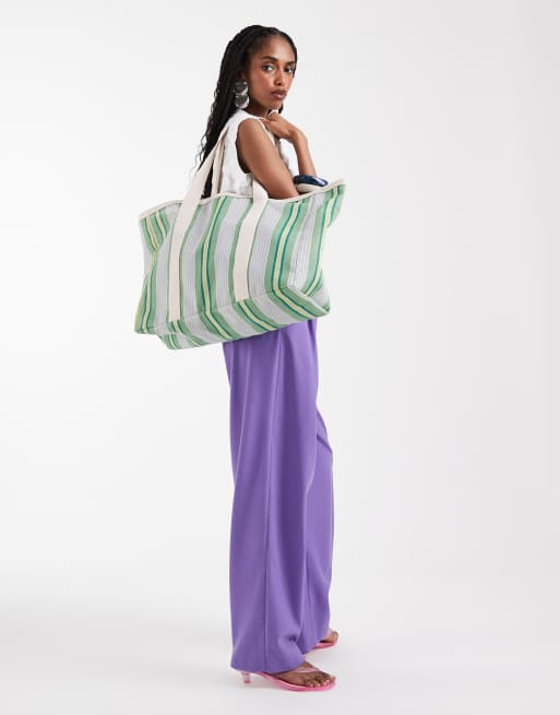 Bolso tote de playa a rayas verdes de estilo casual de South Beach, 4 de 7
