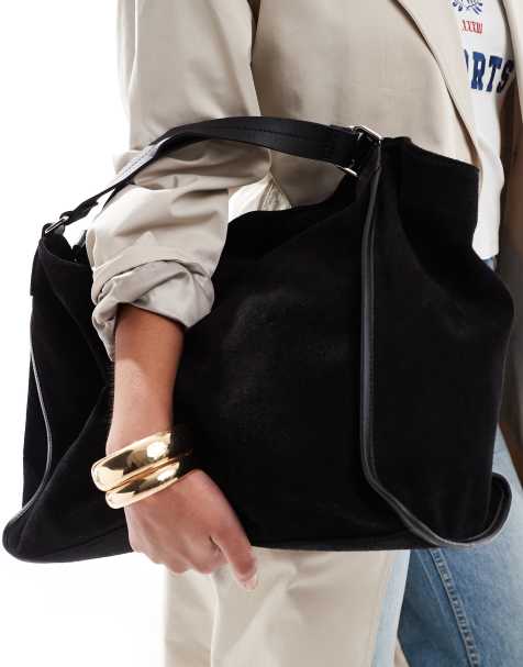 Bolso tote grande negro de ante con detalle de ribetes de cuero de ASOS DESIGN - view 1