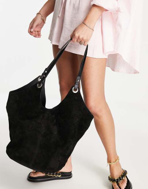 Bolso tote grande negro de cuero y ante de Topshop ASOS