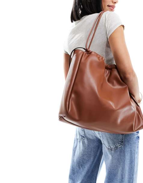 Bolso De Mano Grande De Cuero Sintético Marrón Para Mujer