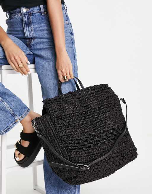 Bolso tote negro con correa de punto de Mango