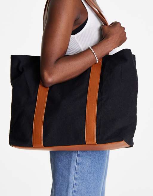 Bolso tote negro de lona con asas de poliuretano de ASOS DESIGN 